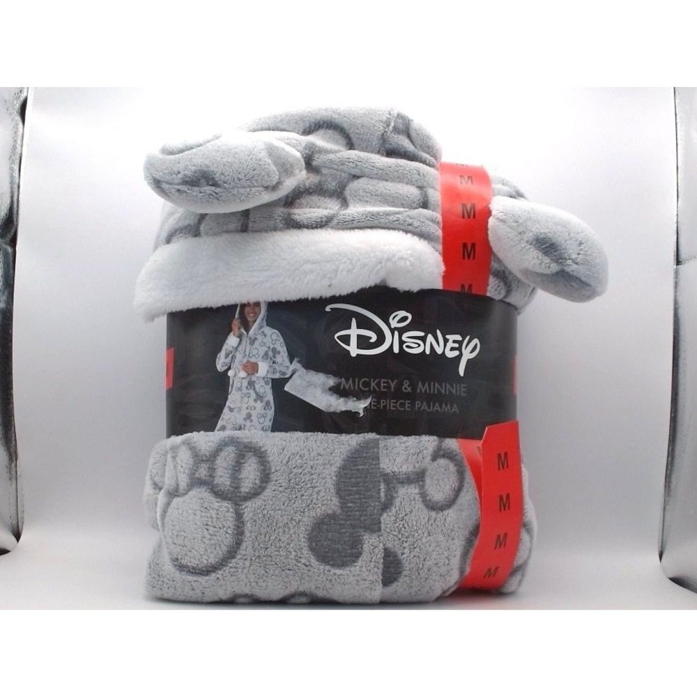 Disney -Midweight Women s Hooded Mickie & Minnie Onesie Pajama  Gray, BRAND NEW